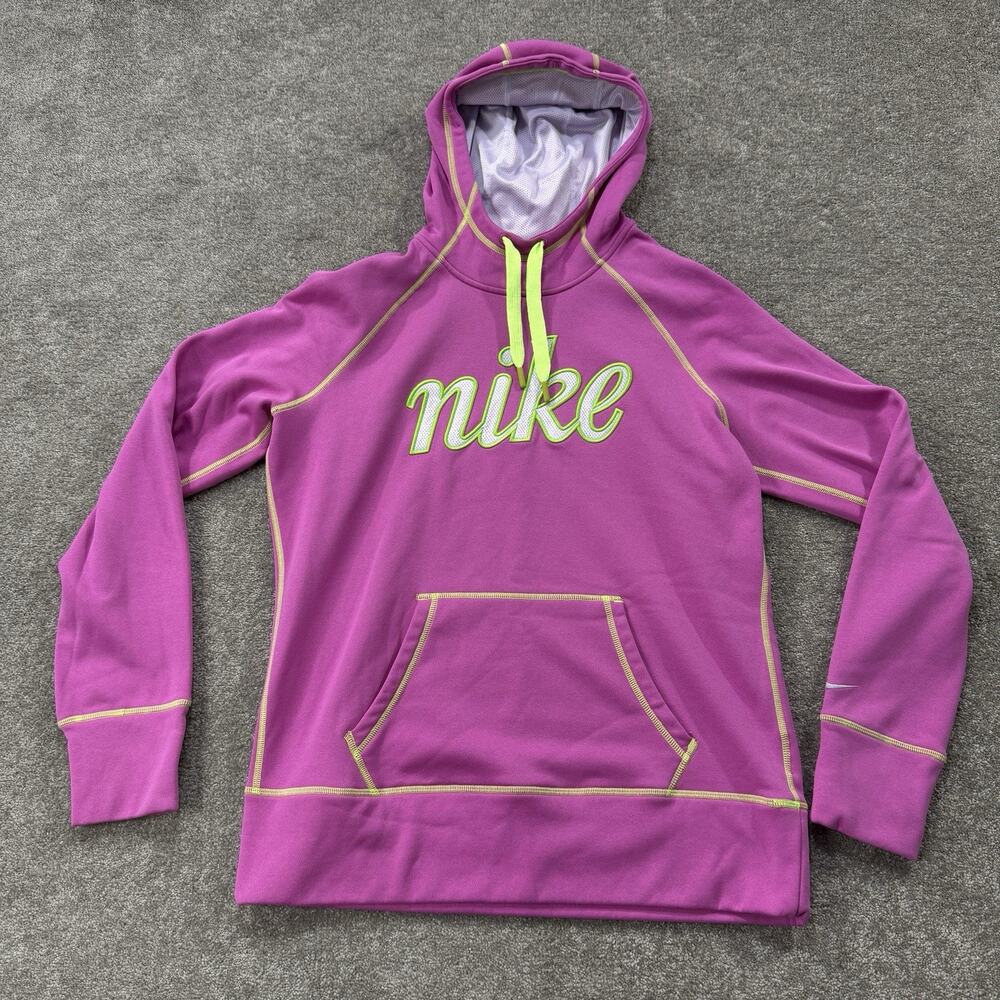 Nike Therma-Fit Hoodie L Magenta Volt Green Logo Thumbholes Athletic Sweatshirt